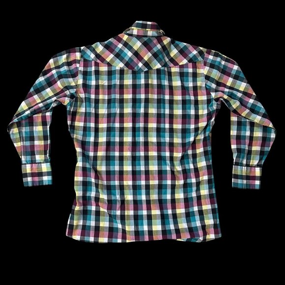 Vintage Saddle King Western Pearl Snap Plaid Shirt Cotton USA Made Teal Pink M/L - Picture 3 of 7